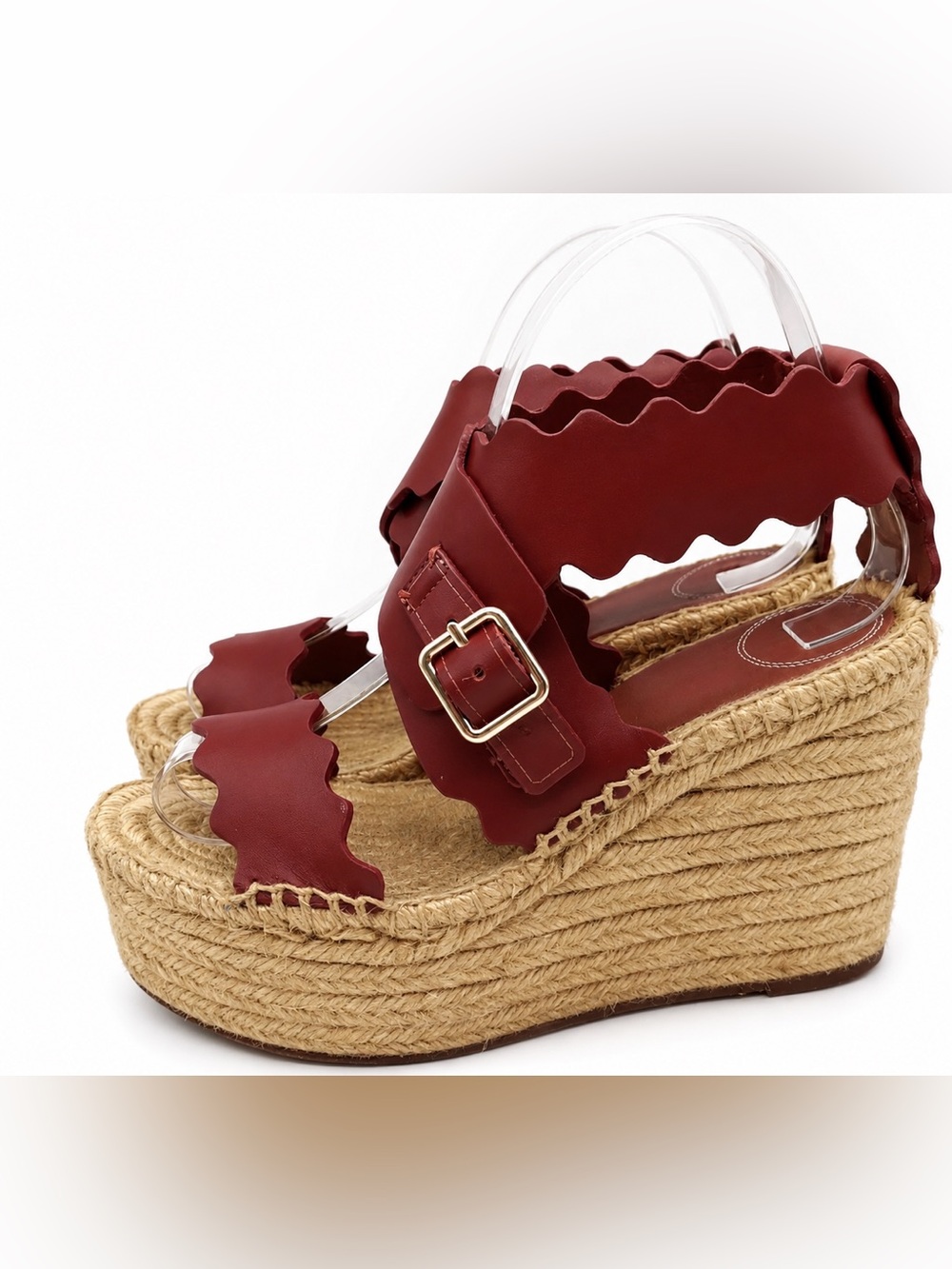 CHLOE’ Lauren Platform Espadrille Wedge Sandals Rust Scalloped Leather Heels - Picture 5 of 10